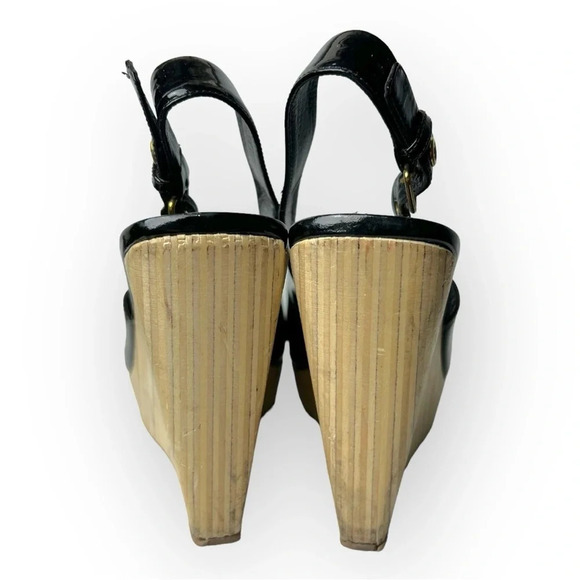 Miu Miu Black Patent Leather  Peep Toe Slingback Wooden Wedge Heel 39 - Picture 8 of 14